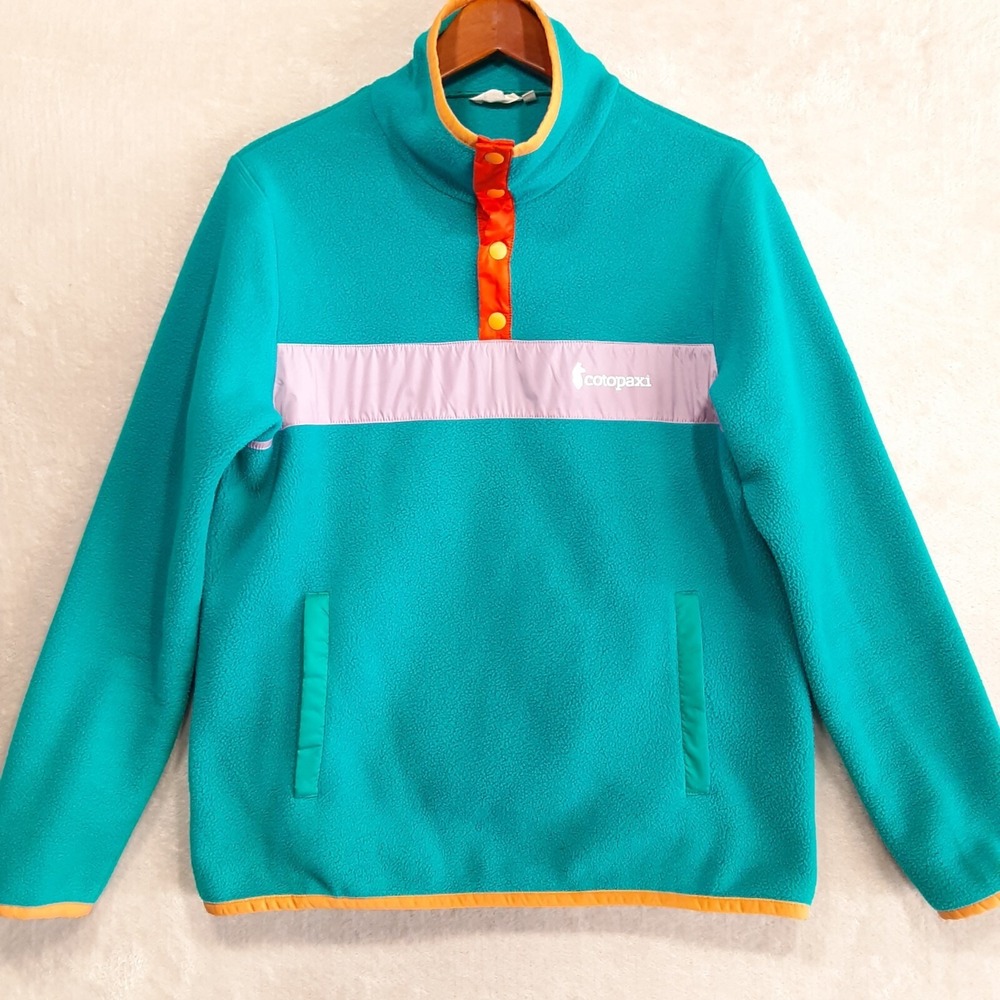 Cotopaxi Womans Pullover Teca Fleece Sweater Sz.L/Blue/Snap Button/Retro Stripe